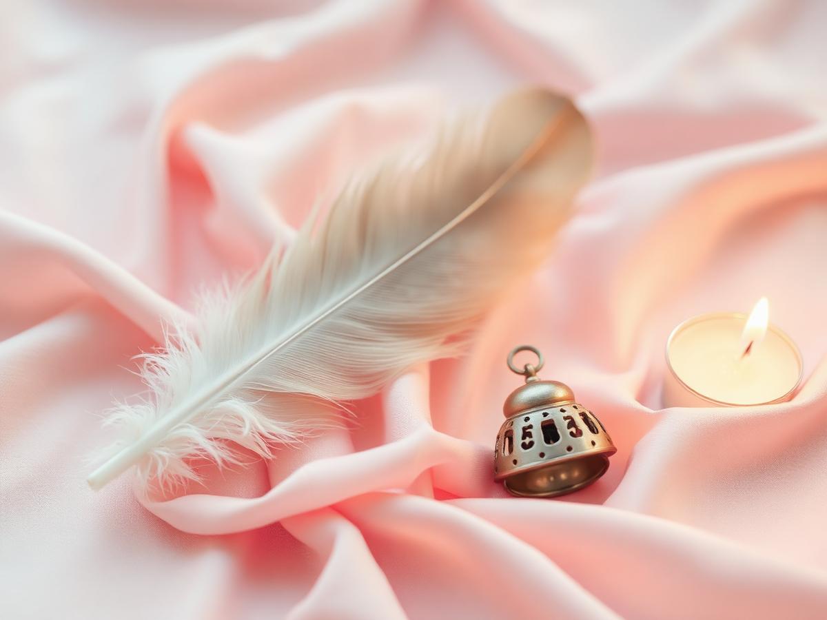 Veertje, klankschaalbel en kaarslicht op roze zijde