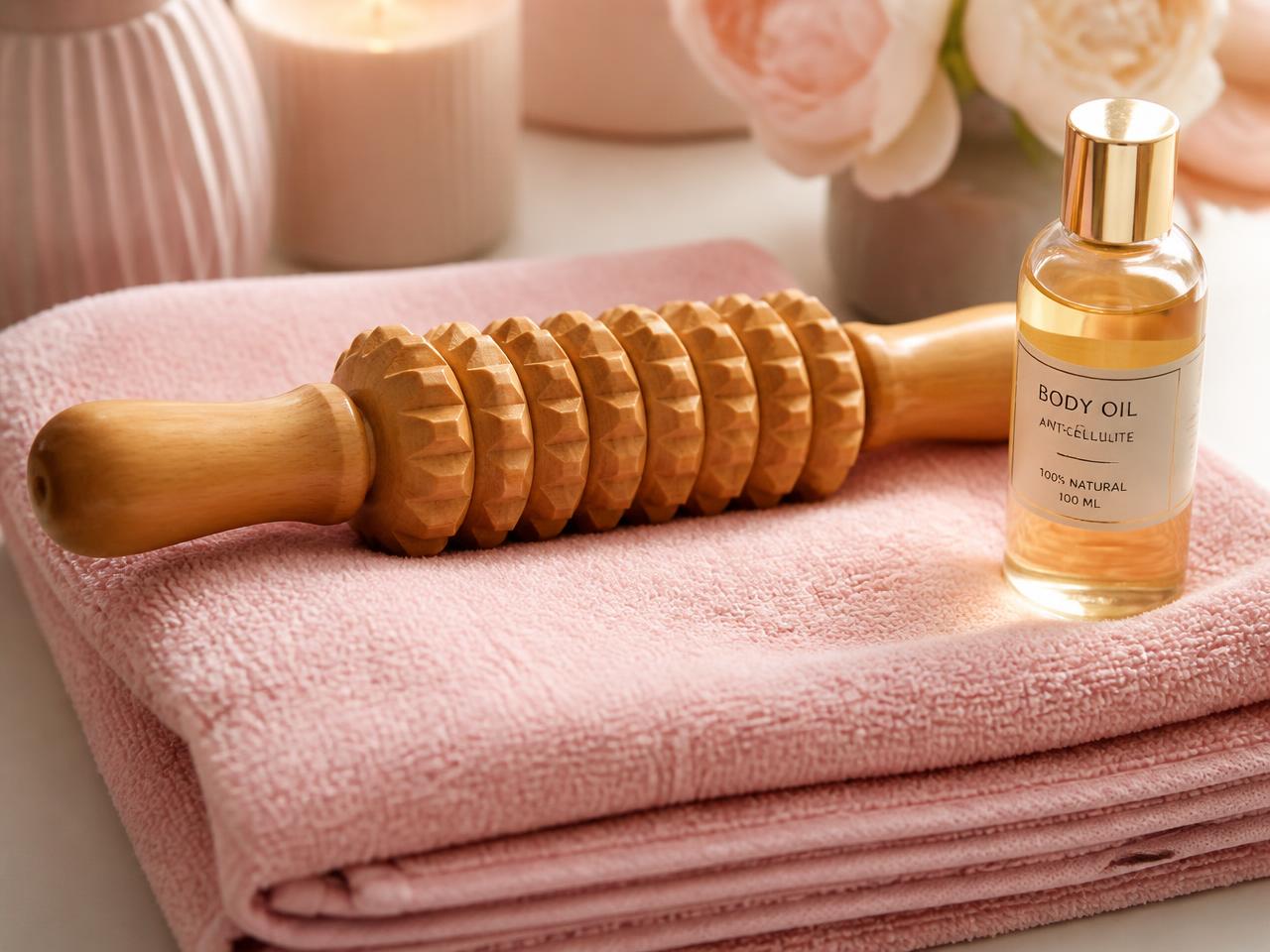 Houten massageroller, bodyolie en roze handdoeken voor een stevige anti-cellulite massage